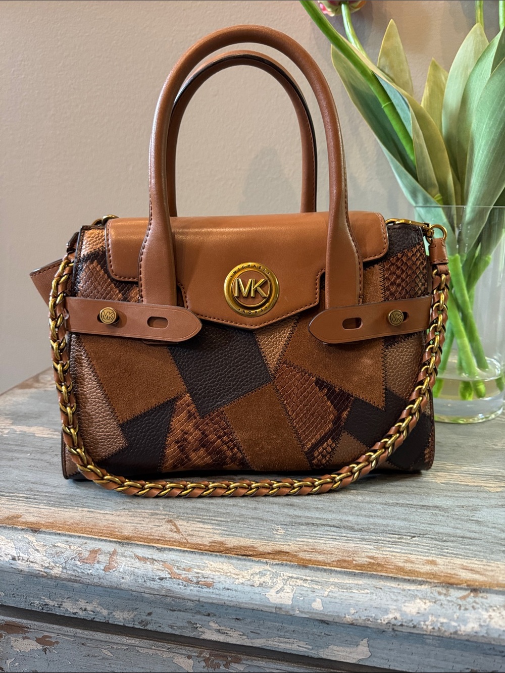 Michael Kors Patchwork Brown Leather and Snakeskin Satchel with Gold Chain